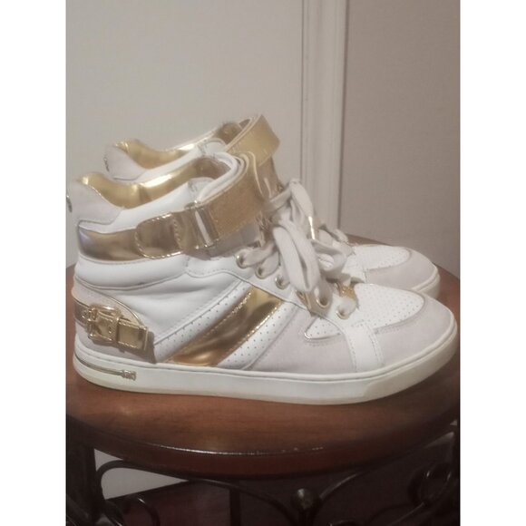 Michael Kors Shoes - Women Michael Kors Athletic Tennis Shoes hightop logo SZ 7.5M Gold/white Leather